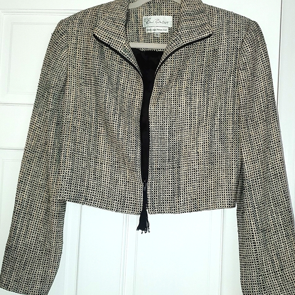 Vintage Emil Ratenberg cropped tweed jacket. Size small, Black, ivory,  tweed.
